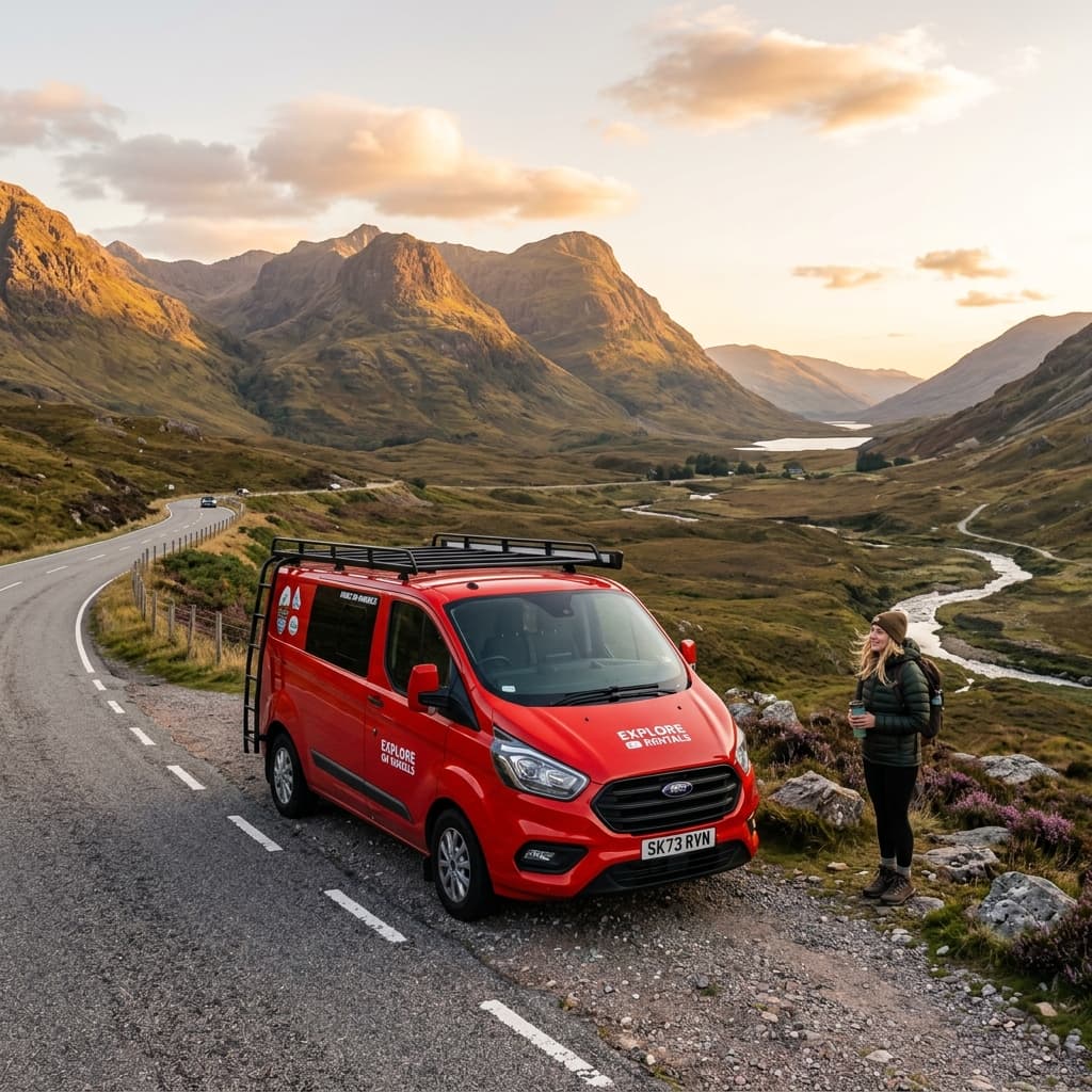 Traveler with red van in scenic mountains
